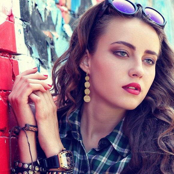 Boho Round Minimalist 3 or 4 Statement Disc Drop Dangle s in Gold and Silver, Tr - Picture 2 of 8